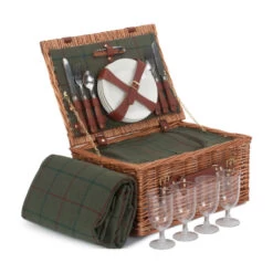 4 Person Picnic Hamper - Green Tweed