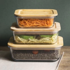 Rectangular Glass Container With Bamboo Lid - Set Of 3